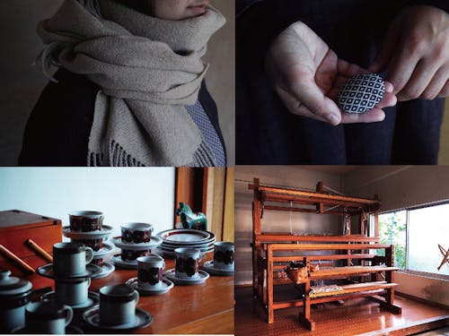 伊藤香澄さんの作品（上）と北欧で見つけた食器（左下）、機織り機（右下）