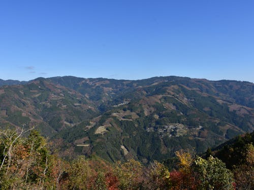 紅葉でモザイク模様になった山々