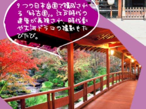 9つの日本庭園で構成される「好古園」。江戸時代の建築が再現され、時代劇や大河ドラマの撮影たびたび。