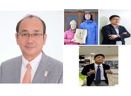 当日は私たちがお話しします!(左:田中市長 右左上:多賀野夫妻 右右上:松本さん 右下:南砺市役所 池田)