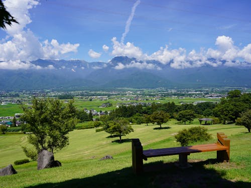 長野県も昼間は暑いですが、首都圏と比べて湿度は低め、日陰に入ると穏やか(写真は池田町)