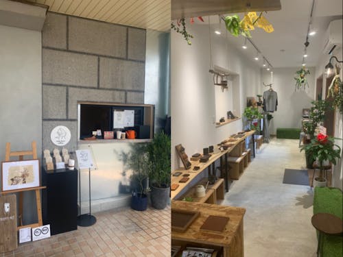 コーヒースタンドと雑貨が並ぶギャラリー