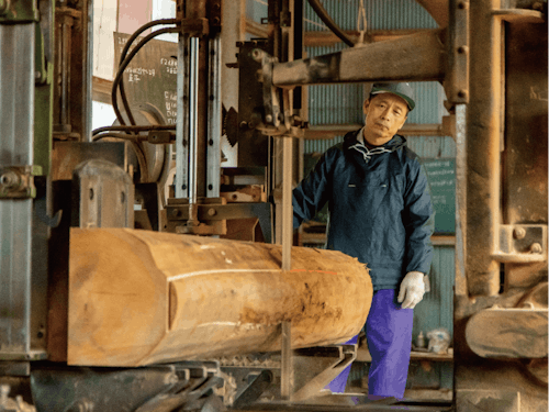 伐りたての木を製材する様子を見学