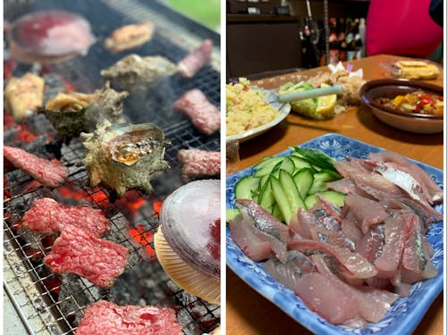 よくするBBQと港で釣りたてのあじ刺身