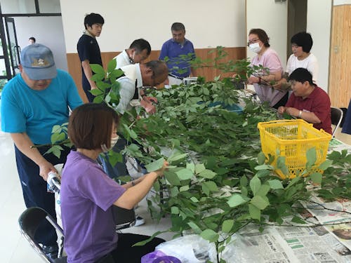 福祉工房の方々で原材料のクロモジの仕分けを行います。