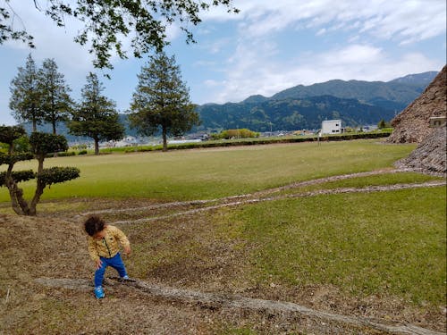 朝日町の不動堂遺跡!どんぐり拾いに夢中の図