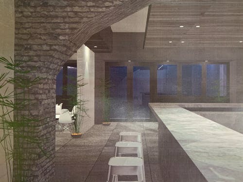 内装イメージ（暗めの照明で落ち着いた空間、随所に植物）