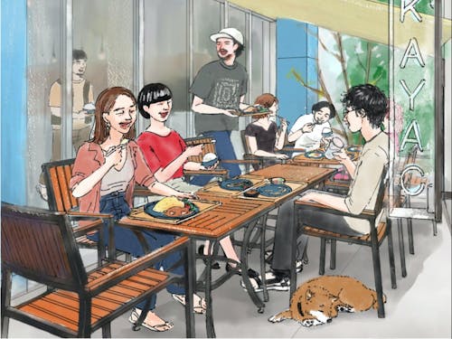 中庭テラス席も快適に利用できるように。