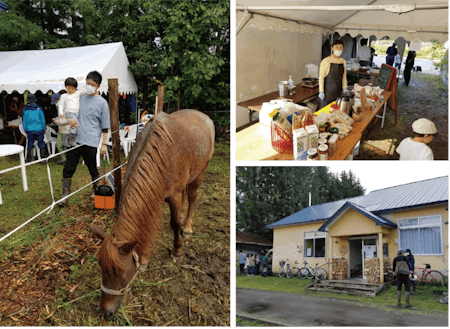 一の橋地区に移住した木工作家さんが仲間を集めて開催するイベント「Hanacafe」。町内に暮らしている道産子馬のハナちゃんが出迎えてくれる。