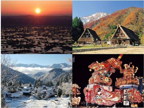 四季折々で違った表情を見せる南砺市。是非とも南砺市に移住体験にお越しください!(左上:春に展望台より眺める南砺市の散居村、左下:冬の世界遺産合掌集落、右上:秋の世界遺産合掌集落、右下:5月に開催される福野夜高祭)