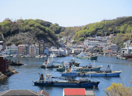 石材運搬を主とした海運業が盛んな家島の港では、石材運搬船（ガット船）を見ることができます。
