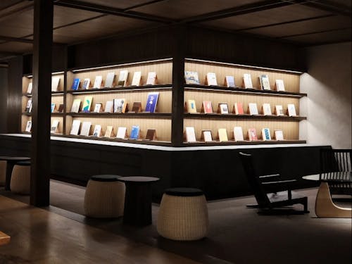 ロビーに広がるライブラリー。多様性のある”ことば“の本棚です。