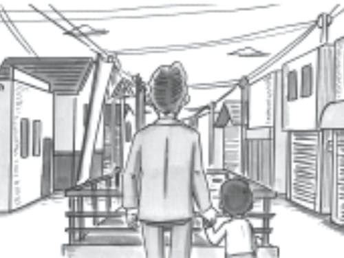 下田の空き店舗の多い商店街を眺める正和とその息子