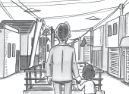 下田の空き店舗の多い商店街を眺める正和とその息子