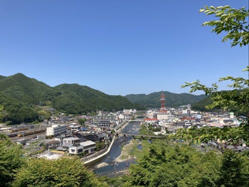 城山公園から撮影した新見駅周辺。このあたりの賑わいを創出したい。