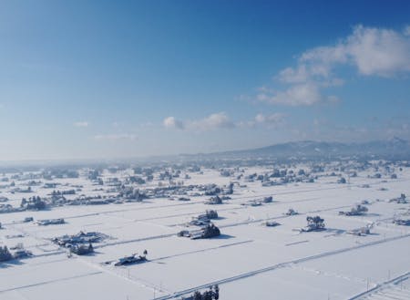 雪に染まった胆沢の散居風景　雪の量は地域によって違います。