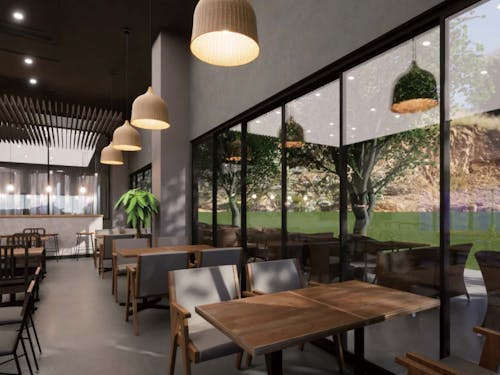 ビアタンクを眺めながら食事ができる店内