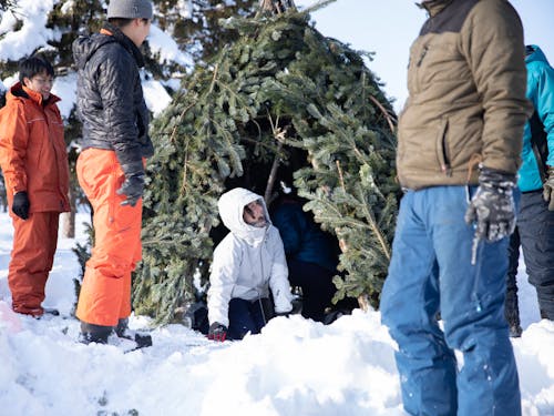 協力隊が集まって、アイヌの伝統的な仮小屋「クチャ」を再現