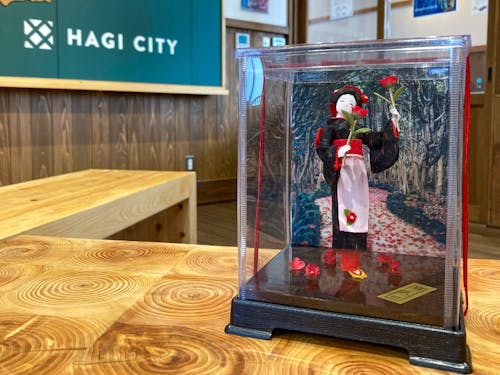 人形を保護するケース(オプション)には、笠山椿群生林の背景写真も付きます