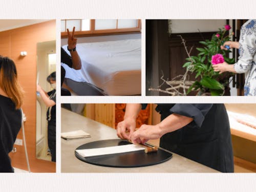 女将や料理人をはじめ、関わるスタッフ全員でのおもてなし。清掃、フロアスタッフのシフト管理調整、備品の調達、業者とのやりとり、施設内で発生する事柄の管理を全て行ないます。