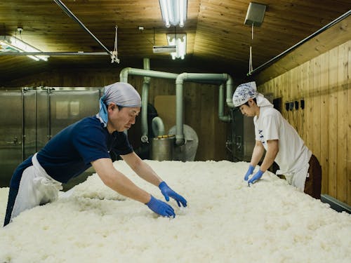 麹室という部屋で和釜で蒸した酒米に種麹を散布します。お酒の仕込みは寒い時期におこないますが、この部屋だけは約30度に保たれているんだとか。