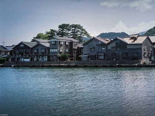 竹野川沿いも焼板の家々