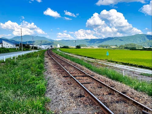フラワー長井線の線路と田園風景