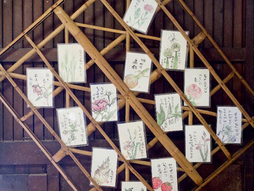 ギャラリー内に展示する荒井さんの絵手紙作品。元の所有者が蔵に残した道具類を活用し、アート空間に蘇らせた