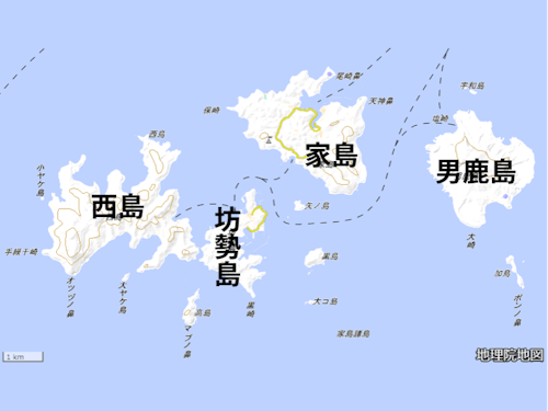家島有人4島(左から西島、坊勢島、家島、男鹿島)