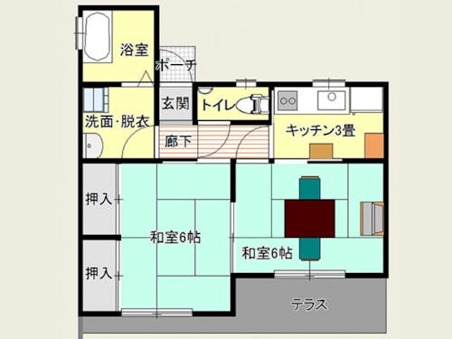 体験住宅の間取り。家具、家電は備え付けてあります(布団はありません)。