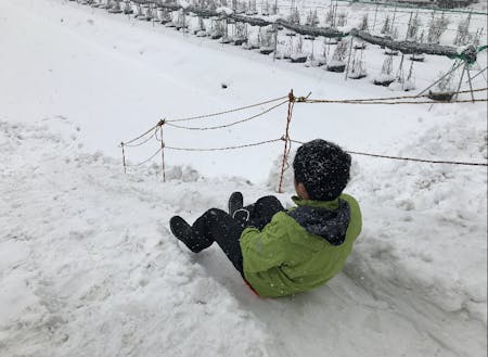 雪の滑り台を体験。希望があれば雪かき体験もできます！