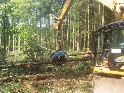 伐倒、枝払い、玉切、集積を1台で行えるハーベスター。これを乗りこなせるようになるのが当面の目標です。