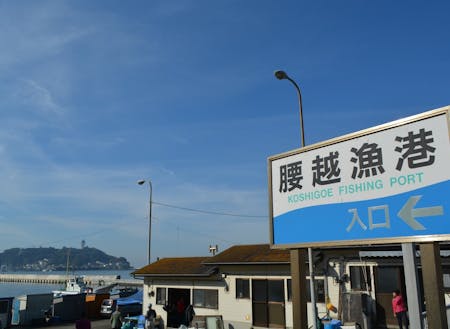 江ノ島が正面に見える腰越漁港。腰越漁港のアジフライは最高!