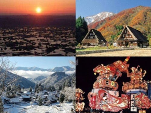 四季折々で違った表情を見せる南砺市。是非とも南砺市に移住体験にお越しください！（左上：春に展望台より眺める南砺市の散居村、左下：冬の世界遺産合掌集落、右上：秋の世界遺産合掌集落、右下：５月に開催される福野夜高祭）